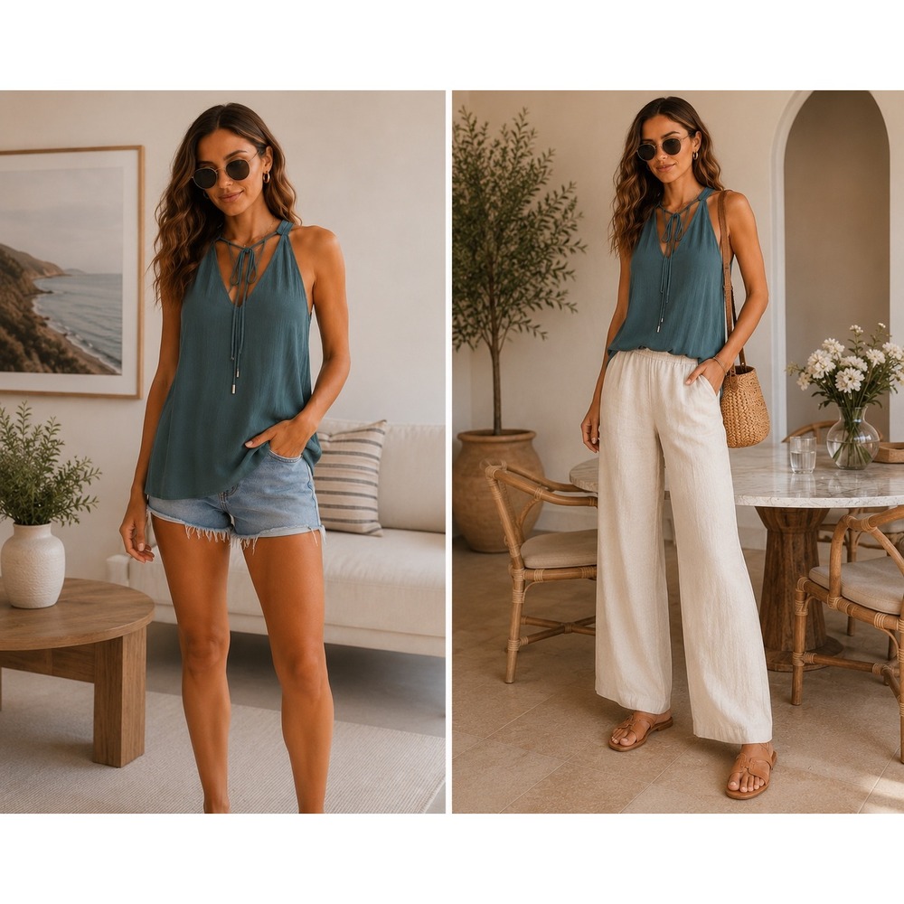 Lovestitch Tank Top Teal Blue Tie Front V-Neck Boho Cami Size M